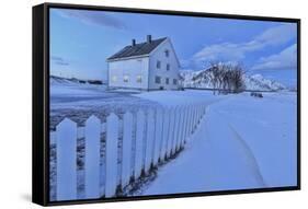 Typical House Surrounded by Snow at Dusk, Flakstad, Lofoten Islands, Norway, Scandinavia-Roberto Moiola-Framed Stretched Canvas