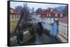 Typical houses on water canal frame the old mill of Certovka, Lesser Quarter, Prague, Czech Republi-Roberto Moiola-Framed Stretched Canvas