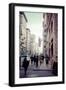 Typical NY Streetscape, America flag, busy people and traffic at 5th Ave, Manhattan, New York, USA-Andrea Lang-Framed Photographic Print