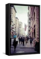 Typical NY Streetscape, America flag, busy people and traffic at 5th Ave, Manhattan, New York, USA-Andrea Lang-Framed Stretched Canvas