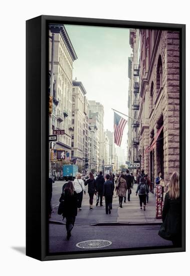 Typical NY Streetscape, America flag, busy people and traffic at 5th Ave, Manhattan, New York, USA-Andrea Lang-Framed Stretched Canvas