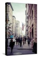 Typical NY Streetscape, America flag, busy people and traffic at 5th Ave, Manhattan, New York, USA-Andrea Lang-Stretched Canvas