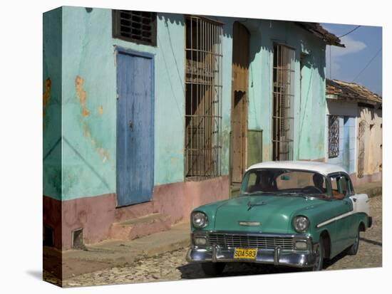 Typical Paved Street with Colourful Houses and Old American Car, Trinidad, Cuba, West Indies-Eitan Simanor-Stretched Canvas