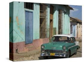 Typical Paved Street with Colourful Houses and Old American Car, Trinidad, Cuba, West Indies-Eitan Simanor-Stretched Canvas