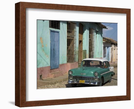 Typical Paved Street with Colourful Houses and Old American Car, Trinidad, Cuba, West Indies-Eitan Simanor-Framed Photographic Print