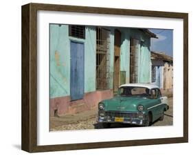 Typical Paved Street with Colourful Houses and Old American Car, Trinidad, Cuba, West Indies-Eitan Simanor-Framed Photographic Print