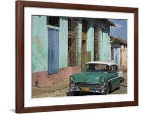 Typical Paved Street with Colourful Houses and Old American Car, Trinidad, Cuba, West Indies-Eitan Simanor-Framed Photographic Print