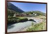 Typical red Swiss train on Hospental Viadukt surrounded by creek and green meadows, Andermatt, Cant-Roberto Moiola-Framed Photographic Print