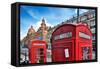 Typical Red Telephone Boxes on Brompton Road with Harrods Building on the Background-Felipe Rodriguez-Framed Stretched Canvas