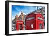 Typical Red Telephone Boxes on Brompton Road with Harrods Building on the Background-Felipe Rodriguez-Framed Photographic Print