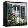 Typical Scene of Shuttered Windows and Hollyhocks, St. Martin, Ile de Re, Poitou-Charentes, France-Stuart Black-Framed Stretched Canvas