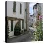 Typical Street Scene with Hollyhocks, St. Martin, Ile de Re, Poitou-Charentes, France, Europe-Stuart Black-Stretched Canvas