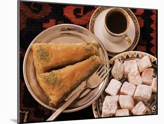 Typical Turkish Desserts - Baklava, Loukoumi (Turkish Delight), and Turkish Coffee, Turkey, Eurasia-Michael Short-Mounted Photographic Print
