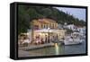 Typical Waterfront Taverna Illuminated at Dusk, Kioni, Ithaca (Ithaki)-Ruth Tomlinson-Framed Stretched Canvas