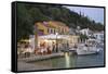 Typical Waterfront Taverna Illuminated at Dusk, Kioni, Ithaca (Ithaki)-Ruth Tomlinson-Framed Stretched Canvas