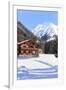 Typical wooden hut framed by woods and snowy peaks, Langwies, district of Plessur, Canton of Graubu-Roberto Moiola-Framed Premium Photographic Print