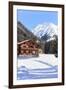 Typical wooden hut framed by woods and snowy peaks, Langwies, district of Plessur, Canton of Graubu-Roberto Moiola-Framed Premium Photographic Print