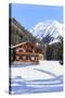 Typical wooden hut framed by woods and snowy peaks, Langwies, district of Plessur, Canton of Graubu-Roberto Moiola-Stretched Canvas