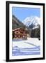 Typical wooden hut framed by woods and snowy peaks, Langwies, district of Plessur, Canton of Graubu-Roberto Moiola-Framed Photographic Print