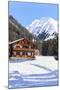 Typical wooden hut framed by woods and snowy peaks, Langwies, district of Plessur, Canton of Graubu-Roberto Moiola-Mounted Photographic Print