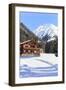 Typical wooden hut framed by woods and snowy peaks, Langwies, district of Plessur, Canton of Graubu-Roberto Moiola-Framed Photographic Print