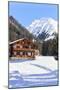 Typical wooden hut framed by woods and snowy peaks, Langwies, district of Plessur, Canton of Graubu-Roberto Moiola-Mounted Photographic Print