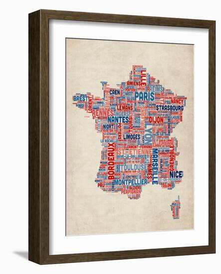 Typography Text Map of France Map-Michael Tompsett-Framed Art Print