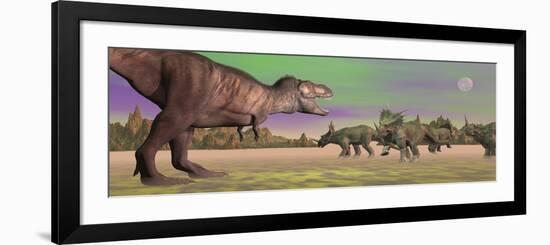 Tyrannosaurus Attacking Styracosaurus Dinosaurs-null-Framed Art Print