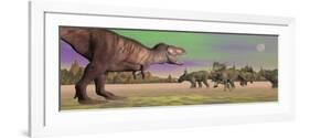 Tyrannosaurus Attacking Styracosaurus Dinosaurs-null-Framed Premium Giclee Print