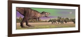 Tyrannosaurus Attacking Styracosaurus Dinosaurs-null-Framed Premium Giclee Print