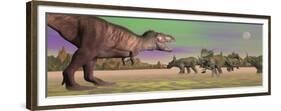 Tyrannosaurus Attacking Styracosaurus Dinosaurs-null-Framed Premium Giclee Print
