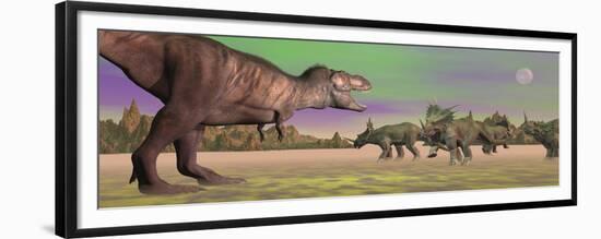 Tyrannosaurus Attacking Styracosaurus Dinosaurs-null-Framed Premium Giclee Print