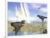 Tyrannosaurus Rex and Pteranodons Watch a Meteorite Impact-null-Framed Art Print