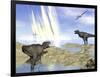 Tyrannosaurus Rex and Pteranodons Watch a Meteorite Impact-null-Framed Art Print