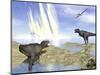 Tyrannosaurus Rex and Pteranodons Watch a Meteorite Impact-null-Mounted Art Print