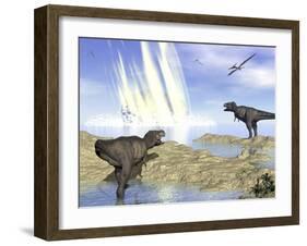 Tyrannosaurus Rex and Pteranodons Watch a Meteorite Impact-null-Framed Art Print