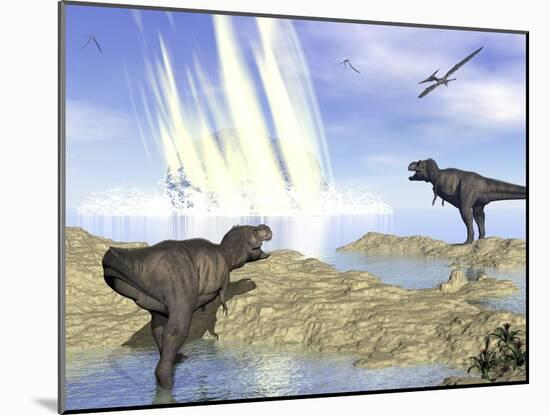 Tyrannosaurus Rex and Pteranodons Watch a Meteorite Impact-null-Mounted Art Print