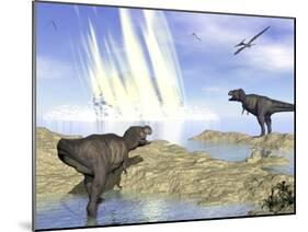 Tyrannosaurus Rex and Pteranodons Watch a Meteorite Impact-null-Mounted Art Print