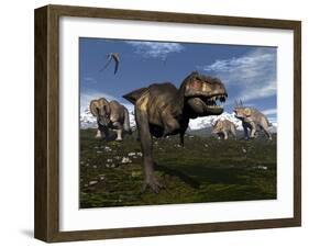 Tyrannosaurus Rex Attacked by Three Triceratops-Stocktrek Images-Framed Art Print