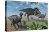 Tyrannosaurus Rex Attacking a Herd of Parasaurolophus Duckbill Dinosaurs-null-Stretched Canvas