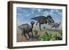 Tyrannosaurus Rex Attacking a Herd of Parasaurolophus Duckbill Dinosaurs-null-Framed Art Print