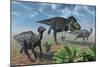 Tyrannosaurus Rex Attacking a Herd of Parasaurolophus Duckbill Dinosaurs-null-Mounted Art Print