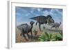 Tyrannosaurus Rex Attacking a Herd of Parasaurolophus Duckbill Dinosaurs-null-Framed Art Print