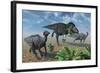 Tyrannosaurus Rex Attacking a Herd of Parasaurolophus Duckbill Dinosaurs-null-Framed Art Print