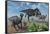 Tyrannosaurus Rex Attacking a Herd of Parasaurolophus Duckbill Dinosaurs-null-Framed Stretched Canvas