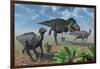 Tyrannosaurus Rex Attacking a Herd of Parasaurolophus Duckbill Dinosaurs-null-Framed Art Print