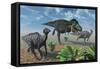 Tyrannosaurus Rex Attacking a Herd of Parasaurolophus Duckbill Dinosaurs-null-Framed Stretched Canvas