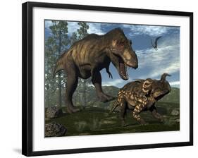 Tyrannosaurus Rex Attacking an Einiosaurus Dinosaur-Stocktrek Images-Framed Art Print