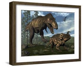 Tyrannosaurus Rex Attacking an Einiosaurus Dinosaur-Stocktrek Images-Framed Art Print