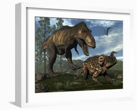 Tyrannosaurus Rex Attacking an Einiosaurus Dinosaur-Stocktrek Images-Framed Art Print